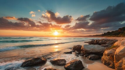 Naklejka premium 夕焼けと海岸,Generative AI AI画像