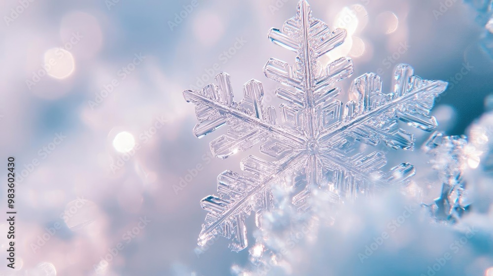 Poster a close-up view of a delicate snowflake resting on soft, white snow, showcasing intricate details an