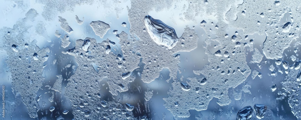 Poster close-up of water droplets on a window, creating a serene and calming atmosphere with soft focus and