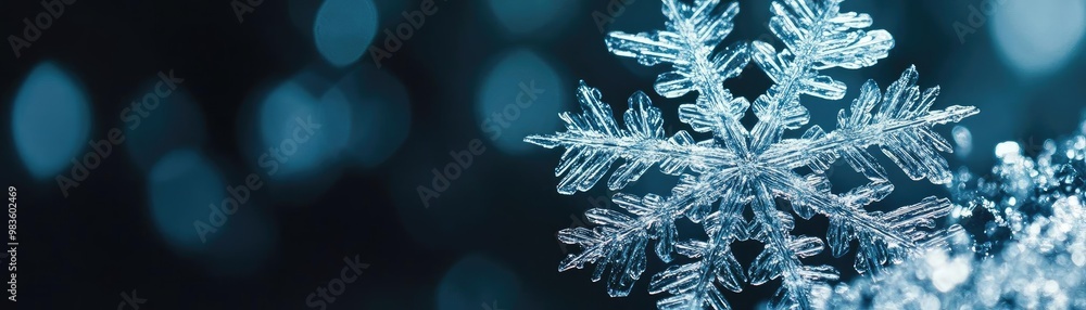 Poster delicate snowflake resting on a dark background, showcasing intricate design and shimmering ice crys