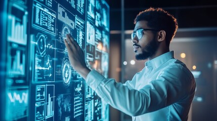 Businessman Interacting With Digital Interface  Futuristic Technology  Big Data Analysis  Innovation  Modern Office