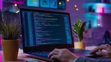 A developer using code editor with dark theme, focused on coding in modern workspace. vibrant colors of code contrast with ambient lighting, creating an engaging atmosphere