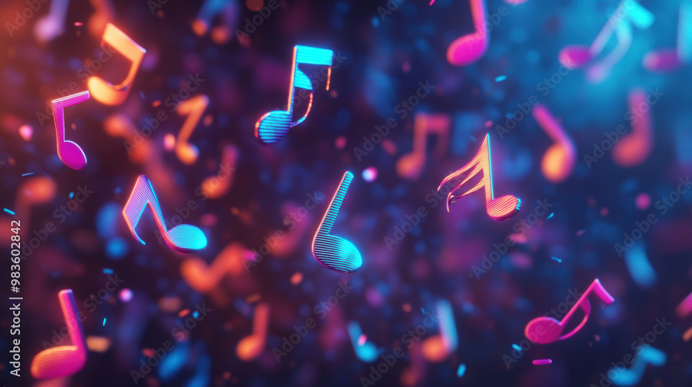 Poster neon colored musical notes float in air, creating vibrant and dynamic atmosphere filled with rhythm 