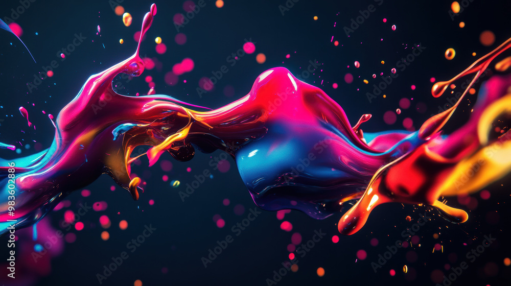 Poster vibrant neon colored paint splashes create an abstract shape, showcasing dynamic interplay of colors