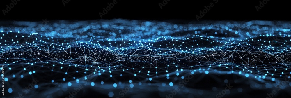 Poster blue particles dance and connect, forming intricate geometric patterns on a deep black background, c