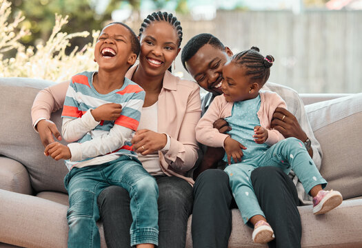 Naklejki Black family, smile and living room sofa for bonding, parent love and care in home. Lounge, funny joke and children with parents, laughing together and happy with hug on couch with son and daughter