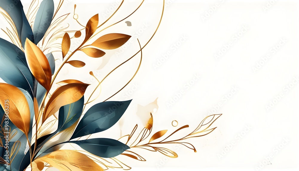 Wall mural luxurious abstract art background featuring golden line art flowers, botanical leaves, and organic w