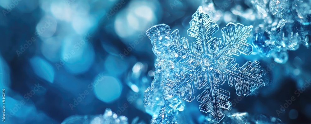 Poster a close-up of a delicate snowflake resting on ice, showcasing intricate patterns against a shimmerin