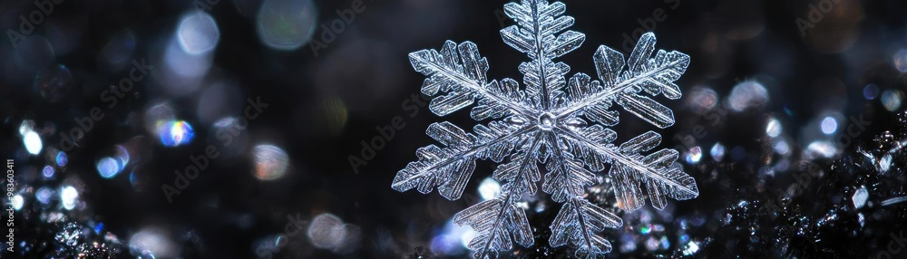 Poster beautiful snowflake resting on dark surface, sparkling with light, showcasing exquisite detail and n