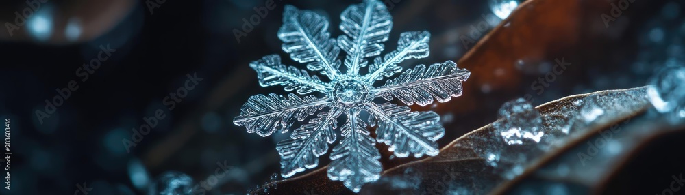 Poster close-up of a delicate snowflake resting on a surface. captivating details highlight its unique stru