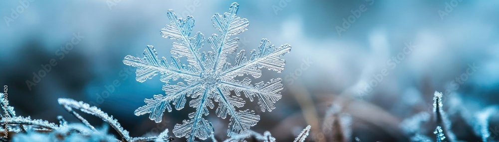 Poster close-up of a delicate snowflake resting on frosty grass, showcasing intricate patterns and the beau