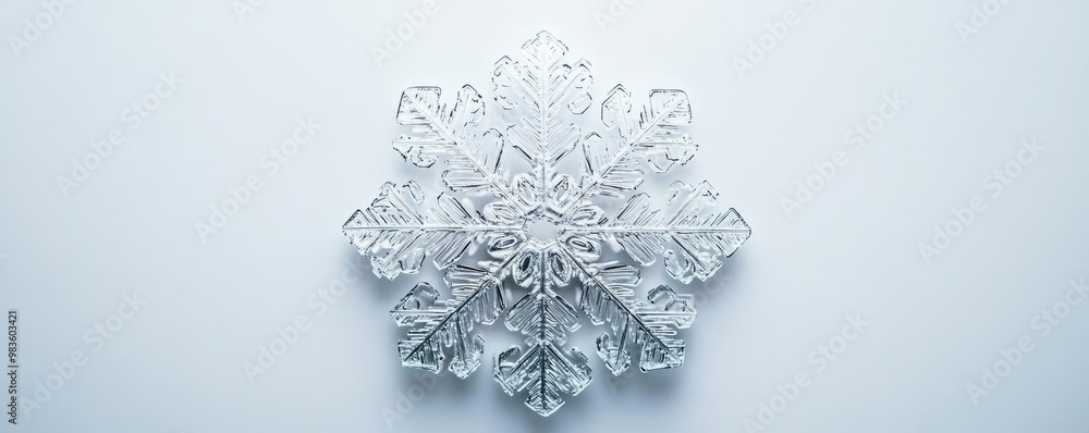 Poster a stunning close-up of a crystal snowflake resting on a smooth surface, showcasing intricate pattern