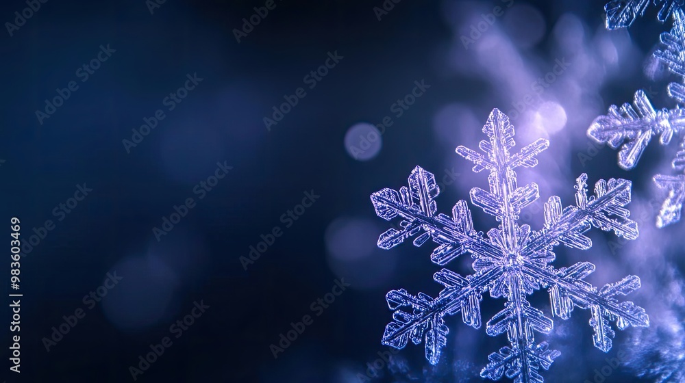 Poster a close-up of a delicate snowflake against a soft blurred background, showcasing intricate details a