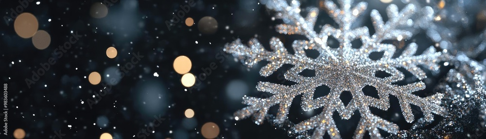 Poster beautiful snowflake shimmering against a dark background with glowing bokeh lights, capturing the es