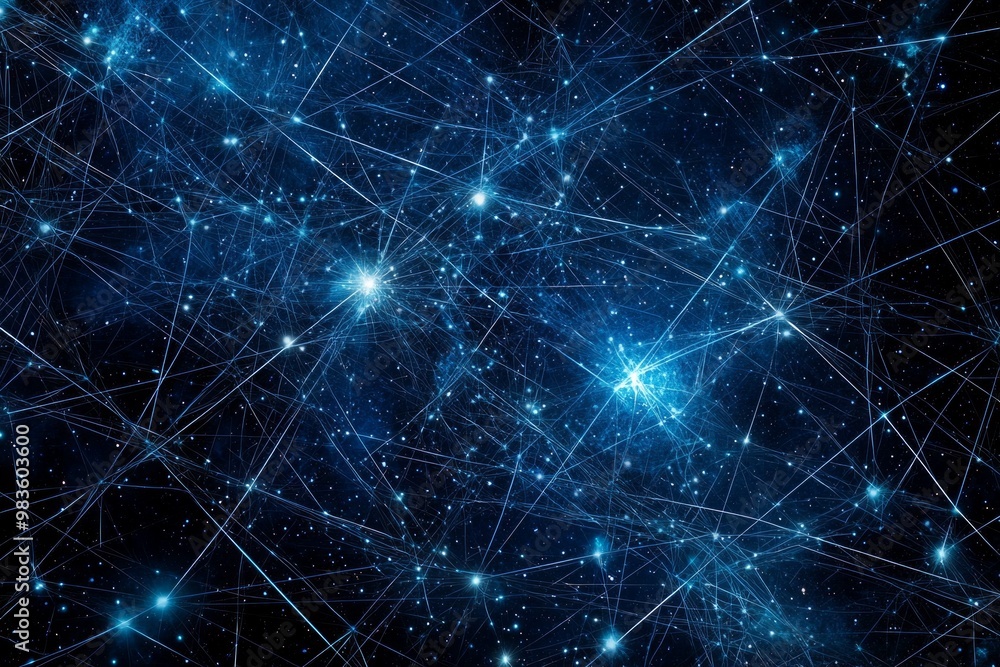 Poster turquoise dots scatter across a dark canvas, interconnected by luminous lines, creating an enchantin