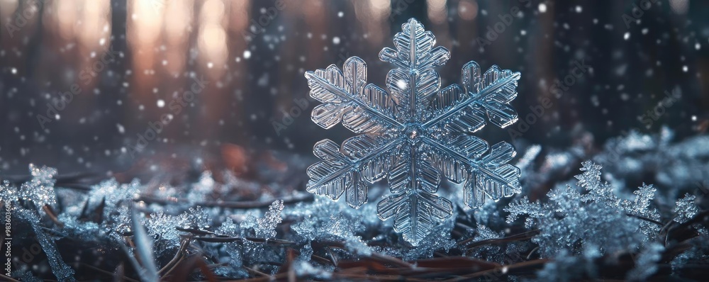 Poster a pristine snowflake resting on a forest floor, surrounded by delicate snow and soft winter light, e