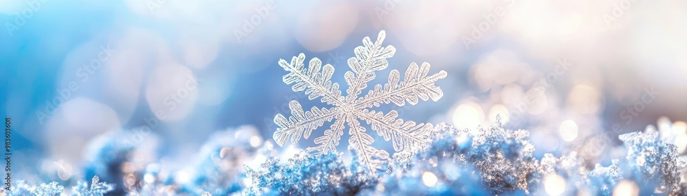 Poster a delicate snowflake resting on soft snow, sparkling in the winter sun, creating a serene and enchan