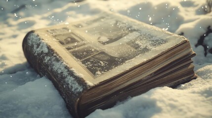 A vintage book resting in snow, capturing a serene winter scene, with snowflakes gently falling on its weathered pages.
