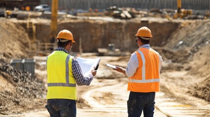 Construction Workers Discussing Plans on Site