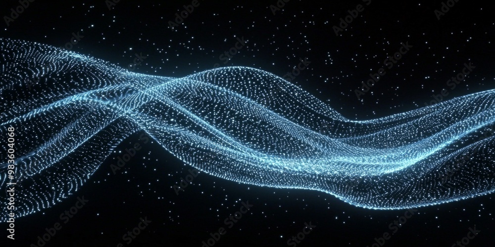 Poster flowing waves of blue particles cluster and dance, creating an ethereal effect against a deep black 