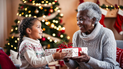 Smiling Afro American grandmother and granddaughter exchanging Christmas gifts in living room with blurred Christmas tree and decorations in the background. Holiday family celebration and gift giving