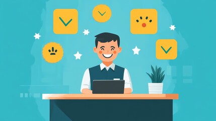Happy Businessman with Checkmarks and Stars Illustration