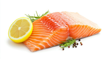 Fresh salmon steak with lemon wedge and herbs, showcasing vibrant colors and textures, perfect for culinary presentations and healthy meals