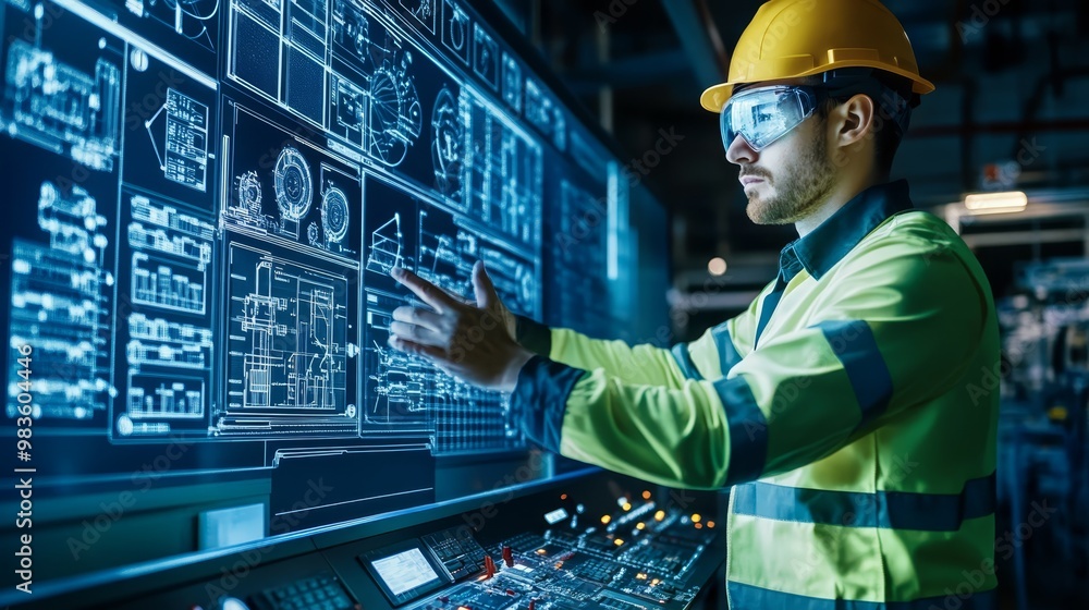 Poster industrial worker monitoring control panel with digital interface