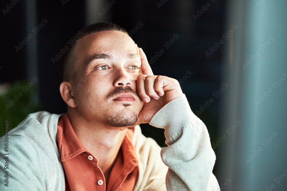 Poster man, bored and computer in office at night, fatigue and mental health burnout for online project. ma
