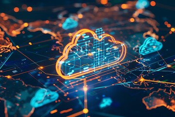 Glowing cloud computing interface on blue background. 3D Rendering