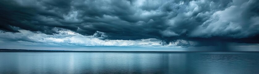 Obraz premium A dramatic seascape featuring dark clouds over a tranquil ocean, evoking feelings of calm and contemplation before a storm.