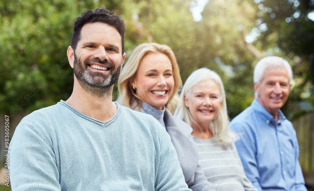 Sticker Mature man, smile and family in garden on break, relax and bonding for wellness in morning. Couple, senior parents and reunion for breakfast outside with peace and portrait on vacation or holiday