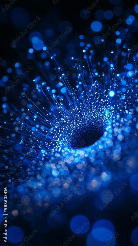 Poster a dynamic composition unfolds as blue particles are arranged in a mesmerizing vortex on a pitch-blac