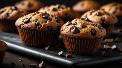 Freshly baked chocolate chip muffins background