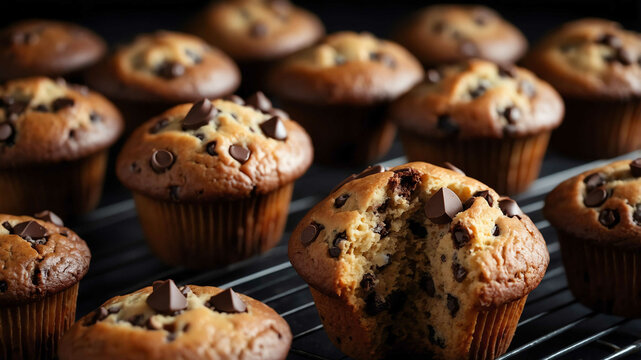 Freshly baked chocolate chip muffins background