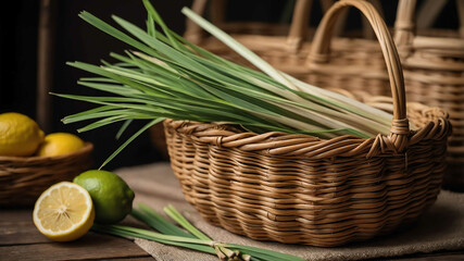 Obraz premium Lemongrass in woven basket background