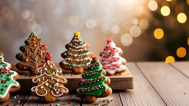 A vibrant display of decorated gingerbread cookies in Christmas tree shapes, evoking festive cheer and holiday creativity