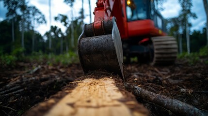 Naklejka premium A close-up view of a machine working on timber in a forest, showcasing the texture of freshly cut wood and machinery in action.