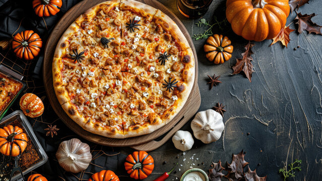 Halloween-themed pizza with vibrant toppings and festive decorations, surrounded by spooky elements