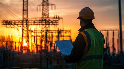 Electrical Engineer Inspecting Power Transmission Lines at Sunset