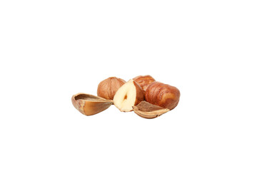PNG, Whole and halves of hazelnuts with peelings, isolated on white background