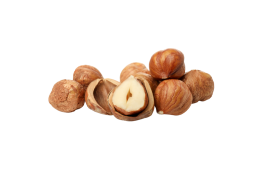 PNG, Hazelnuts with peelings, isolated on white background
