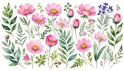 foliage floral set flowers painted greenery leaves pink elements hand watercolor wild design flower wildflower isolated background element plant white art tree branch green leaf hand-painted