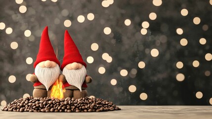 Two gnomes with red hats stand beside a small fire surrounded by coffee beans, with a blurred festive bokeh background