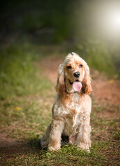 Dog, portrait or panting in nature with obedience, behavior development or sitting on path. Cocker spaniel, animal or relax in park for pet care, adventure or break on walk for journey or wellness