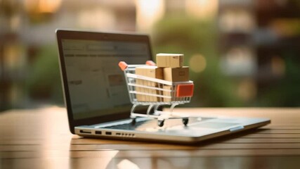 Shopping cart with cardboard boxes on laptop keyboard. Online shopping and marketplace concept. Ecommerce, retail, and marketing. Black Friday and 11.11 Singles Day discount