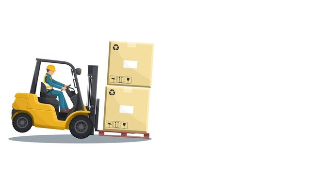 Animation of dangers of driving a forklift. Industrial worker in an accident with boxes falling on the fork lift truck. Work accident in a warehouse. Industrial Safety and Occupational Health