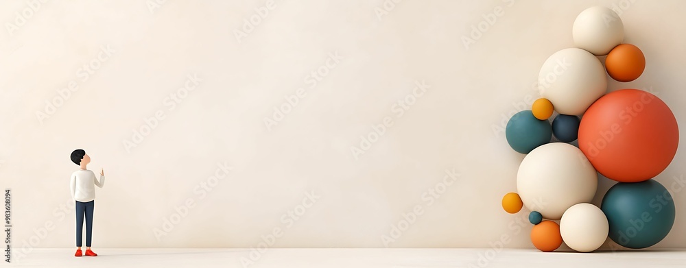 Poster a child admires colorful spheres arranged against a plain wall, creating a playful and imaginative a