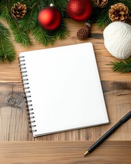 Fototapeta premium A blank notepad surrounded by festive decorations, including Christmas ornaments, pinecones, and yarn, set on a rustic wooden surface.