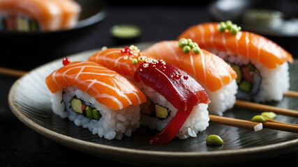 Plate of sushi with chopsticks background